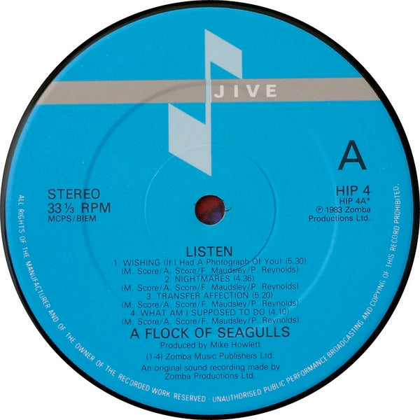Image of Label Cover of LP - VG/VG - A FLOCK OF SEAGULLS, Listen (Jive; HIP 4, UK 1983, Inner), Hairlines, tapred edge on Inner, edge wear,  - 3446100S