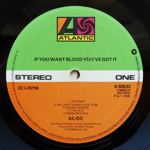 Image of Label Cover of LP - G+/G+ - AC/DC, If You Want Blood You've Got It (Atlantic Orange & Green; K50532, UK 1978, No 'Made in UK' on Label), Several marks - some background Heavy edgewear, small tear on back.,  - 4326051E