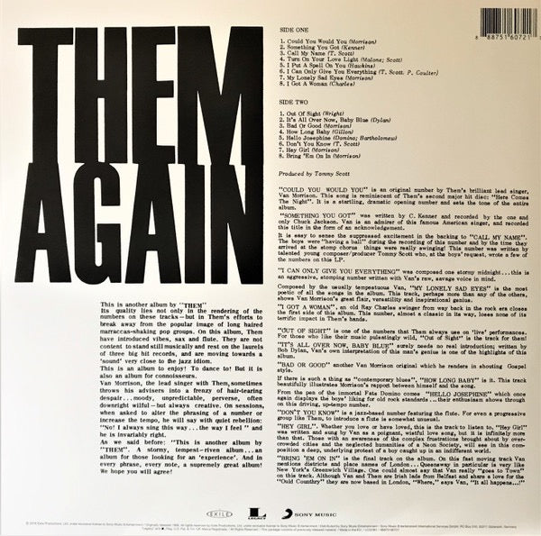 Image of Back Cover of 3544240S: LP - THEM, Them Again (Sony; 888751607217, UK 2016 Reissue, 180 Gram Vinyl, Mono) Still in opened shrinkwrap  VG+/VG+