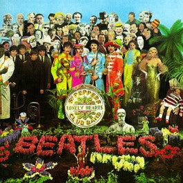 Image of Front Cover of 4644032S: LP - THE BEATLES, Sgt. Pepper's Lonely Hearts Club Band (Parlophone Silver/Black, 2 EMI Boxes, EMI on Label Rim; PCS7027, UK 1975 Reissue, Laminated Gatefold, NO Insert, Stereo, No Barcode) Very slight laminate creasing and bubbling to front of sleeve and inside gatefold. A side matrix variation.  VG+/VG+