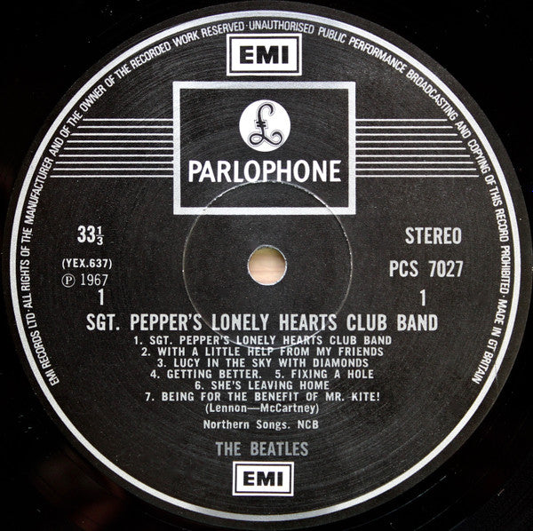 Image of Label Cover of 4644148S: LP - THE BEATLES, Sgt. Pepper's Lonely Hearts Club Band (Parlophone Silver/Black, 2 EMI Boxes, EMI on Label Rim; PCS7027, UK 1975 Reissue, Laminated Gatefold, NO Insert, Stereo, No Barcode) Fair few light marks, sleeve is Strong VG, Just a little discoloured  VG/G+