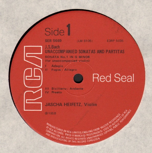 Image of Label Cover of 3xLP - VG/VG - JASCHA HEIFETZ, Heifetz Plays Bach - Unaccompanied Sonatas and Partitas (Complete) (RCA Red Seal; SER 5669/71, UK 1970s, Box Set, Booklet), ,  - 2026158E