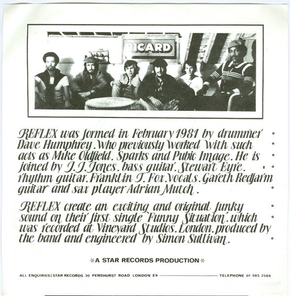 Image of Label Cover of 7" - /VG+ - REFLEX, Funny Situation / (Version Two) (Star Records; ST 002, UK 1981, Picture Insert), Nice copy with only a few very light storage marks. Picture insert in great condition too with some very light discolouration,  - 1316588C
