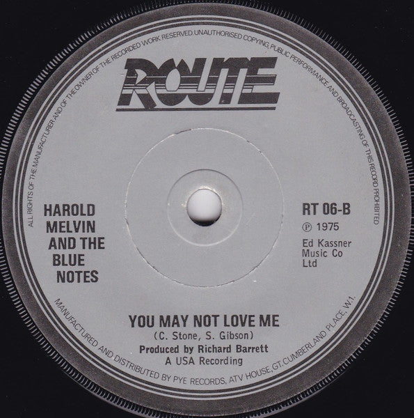 Image of Back Cover of 7" - /VG - HAROLD MELVIN AND THE BLUE NOTES, Get Out (And Let Me Cry) / You May Not Love Me (Route Records; RT 06, UK 1975 Reissue, Plain Sleeve), Marks on disc. Plays well.,  - 3226206E