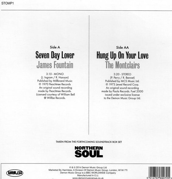 Image of Back Cover of 7" - VG+/VG - JAMES FOUNTAIN / THE MONTCLAIRS, Seven Day Lover / Hung Up On Your Love (Harmless; Stomp1, UK 2014, Picture Sleeve), ,  - 3916438C