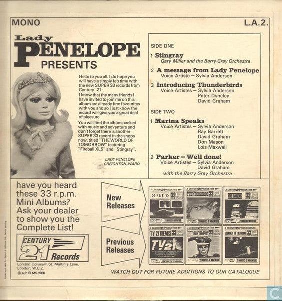 Image of Back Cover of 4625147E: LP - GERRY ANDERSON, Lady Penelope Presents (Century 21; LA 2, UK 1966, Laminated Flipback Sleeve, Mono)   G+/G+