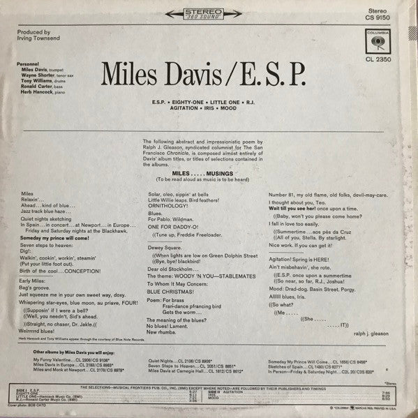 Image of Back Cover of LP - VG/VG - MILES DAVIS, E.S.P. (Columbia; CL 2350, US 1973 Reissue, Pasteback Sleeve), Columbia logos on label stickered over for export. Light hairlines on the vinyl. Ringwear on sleeve.,  - 3716123C