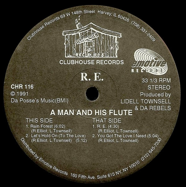 Image of Front Cover of 12" - /VG - R.E., A Man And His Flute (Clubhouse Records; CHR 116, US 1991, Plain Sleeve), , A1 // Rain ForestA2 // Let's Hold On (To The Love)B1 // R.E.B2 // You Got The Love I Need - 1846296S