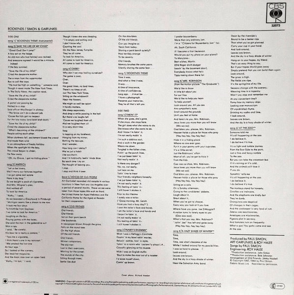Image of Back Cover of LP - VG/VG+ - SIMON AND GARFUNKEL, Bookends (CBS Sunburst; CBS 32073, UK 1982 Reissue), A couple of light hairlines only. ,  - 4126339E