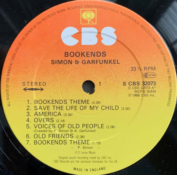 Image of Label Cover of LP - VG/VG+ - SIMON AND GARFUNKEL, Bookends (CBS Sunburst; CBS 32073, UK 1982 Reissue), A couple of light hairlines only. ,  - 4126339E