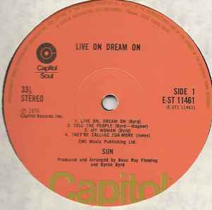 Image of Label Cover of LP - VG+/VG+ - SUN, Live On, Dream On (Capitol; , UK 1976, Picture Sleeve, Insert), Lightest of marks. 'Factory sample' sticker on label,  - 4226098E