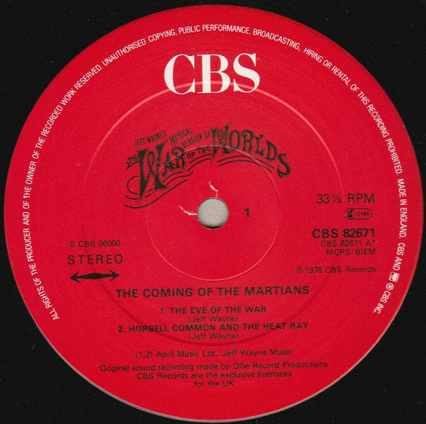 Image of Label Cover of 2xLP - VG+/VG+ - JEFF WAYNE, Jeff Wayne's Musical Version Of The War Of The Worlds (CBS Red Label; CBS 96000, UK 1980s Reissue, Gatefold, Booklet, Barcode), ,  - 4326305E