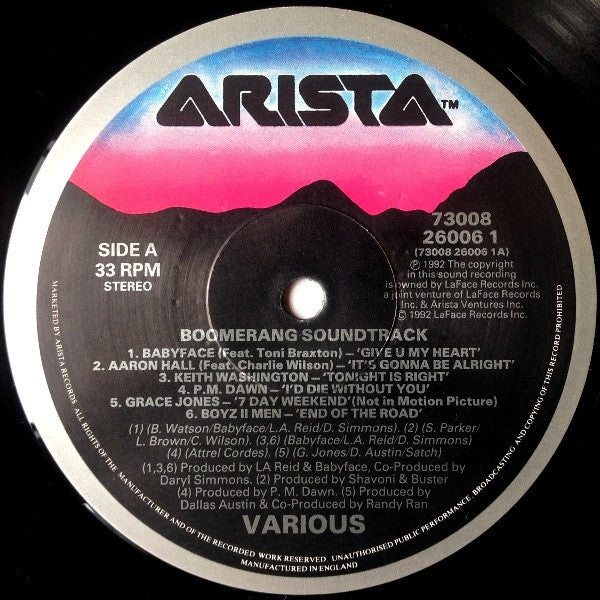 Image of Label Cover of LP - VG/VG - VARIOUS, Boomerang: Original Soundtrack Album (Arista; 73008-260 06-1, UK 1992), Edge wear to sleeve.,  - 3516709C