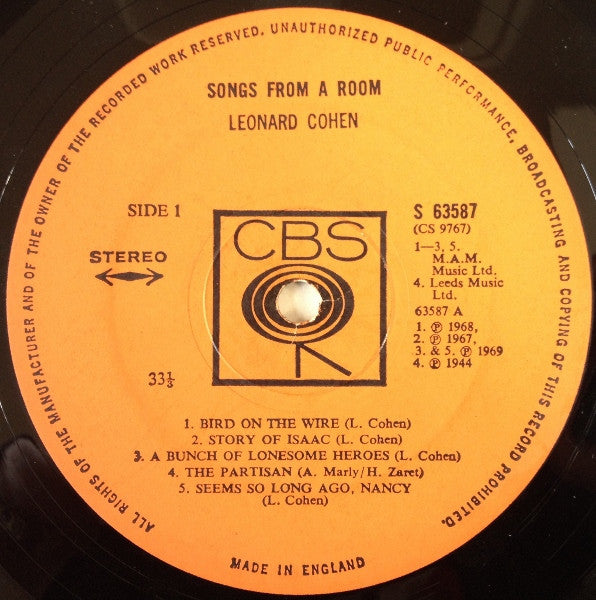Image of Label Cover of LP - G+/VG+ - LEONARD COHEN, Songs From a Room (CBS Orange ; 63587, UK 1969 Reissue, Non Laminated, Stereo, 33 1/3rd on Label), Edge and Ring Wear, stains,  - 3646088S