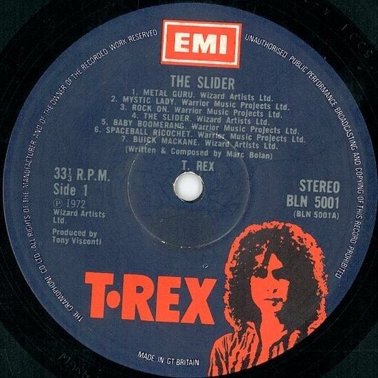 Image of Label Cover of 4624240E: LP - T. REX, The Slider (EMI; BLN 5001, UK 1972, Inner, 1st UK pressing ) Sleeve has come away at the top, ring and edgewear. Many light marks on the vinyl, nothing serious.  G+/G+