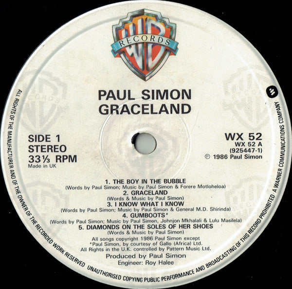 Image of Label Cover of LP - VG/VG - PAUL SIMON, Graceland (WB; WX52, UK 1986, Embossed Sleeve, Inner, Bazza matrix), Hairlines, edge & ring wear, small tear in artwork lower front cover,  - 2646017S