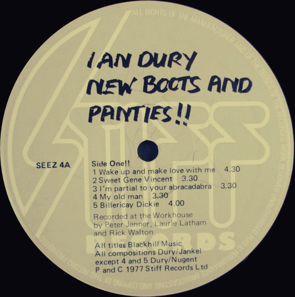 Image of Label Cover of 1425377E: LP - IAN DURY, New Boots and Panties!! (Stiff; SEEZ4, UK 1977, Single Sleeve, Inner With Diagonal Cut Corners)   VG/VG