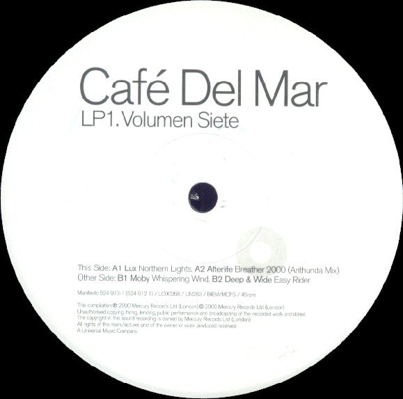 Image of Label of 0924273E: 3xLP - VARIOUS, Cafe Del Mar - Volumen Siete (Manifesto; 524 912-1, UK 2000, Picture Sleeve) Still In Shrinkwrap, Corner Bumps.  VG/VG