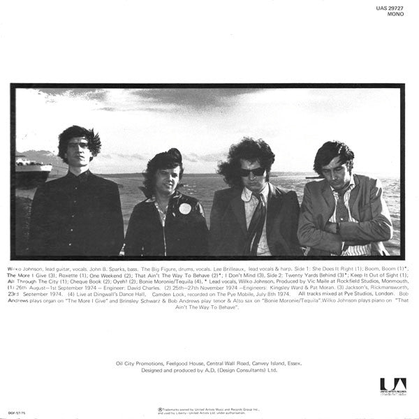 Image of Back Cover of LP - VG/G - DR FEELGOOD, Down By the Jetty (UA; UAS 29727, UK 1975, Laminated Sleeve, DOF/ST/75 On Rear, Mono), Lots of little light marks, hairlines and a couple of long surface marks, nothing feelable, PLays through well, Strong VG sleeve, Just four spine pinches, Otherwise nice. ,  - 2516099C