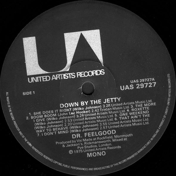 Image of Label Cover of LP - VG/G - DR FEELGOOD, Down By the Jetty (UA; UAS 29727, UK 1975, Laminated Sleeve, DOF/ST/75 On Rear, Mono), Lots of little light marks, hairlines and a couple of long surface marks, nothing feelable, PLays through well, Strong VG sleeve, Just four spine pinches, Otherwise nice. ,  - 2516099C