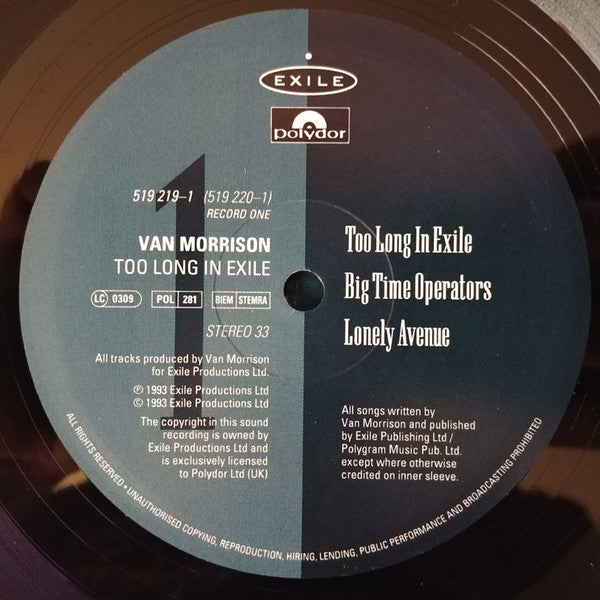 Image of Label Cover of 2xLP - VG+/VG+ - VAN MORRISON, Too Long In Exile (Polydor; 519219, UK 1993, Gatefold), ,  - 1226331E