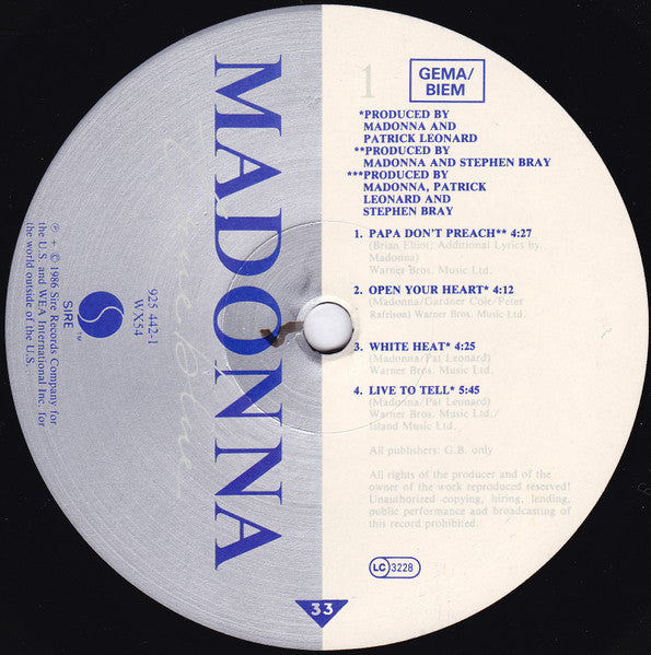 Image of Label Cover of LP - VG/VG - MADONNA, True Blue (Sire; 925 442-1, Europe 1987, Inner, Poster), ,  - 3626021E