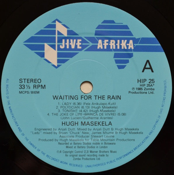 Image of Label Cover of LP - VG/VG - HUGH MASEKELA, Waiting For The Rain (Jive Afrika; HIP 25, UK 1985, Glossy Sleeve), ,  - 2416197C