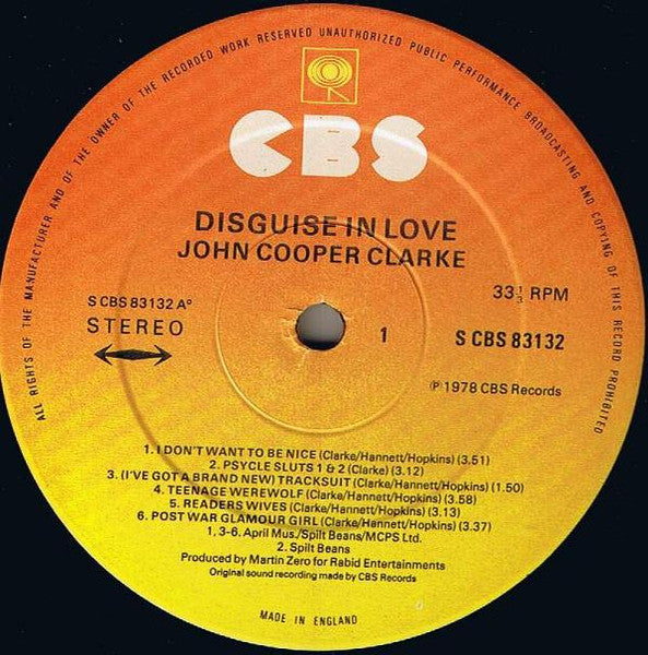 Image of Label Cover of LP - VG+/VG+ - JOHN COOPER CLARKE, Disguise In Love (CBS; CBS 83132, UK 1978, No Insert), ,  - 3825245E