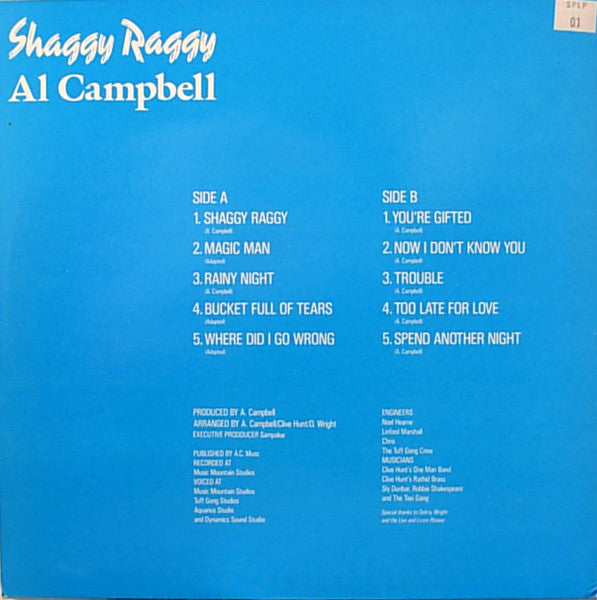Image of Back Cover of LP - G+/G+ - AL CAMPBELL, Shaggy Raggy (SPLP001; SPLP001, UK 1980s), Lots of brush marks, plays above grade. Storage wear on sleeve, nothing too bad. Conservative grading.,  - 2816292C