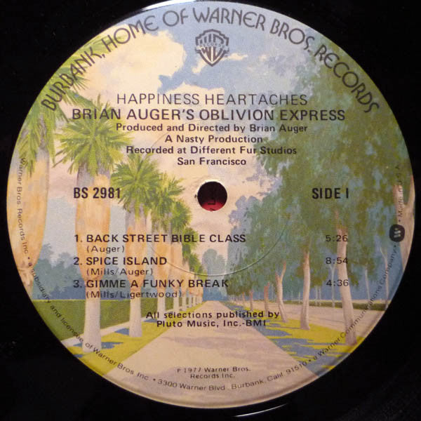 Image of Label Cover of LP - VG/VG - BRIAN AUGER'S OBLIVION EXPRESS, Happiness Heartaches (WB; BS2981, US 1977, Company Inner), Notched cut-out in sleeve and inner,  - 2816328C