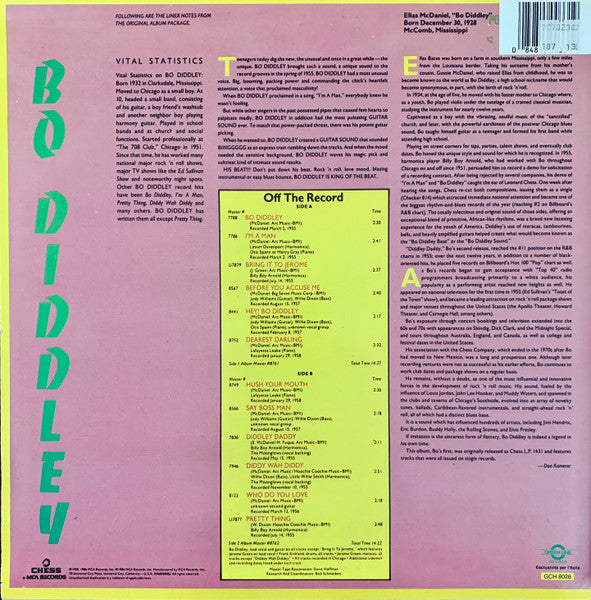 Image of Back Cover of LP - VG/VG - BO DIDDLEY, Bo Diddley (Chess; GCH 8026, Italy 1986 Reissue), ,  - 3816104C