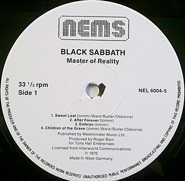 Image of Label Cover of LP - VG/VG+ - BLACK SABBATH, Master Of Reality (NEMS; NEL 6004, UK 1985 Reissue, Barcode), Still partially in shrinkwrap, edge wear on open edge,  - 4246347S