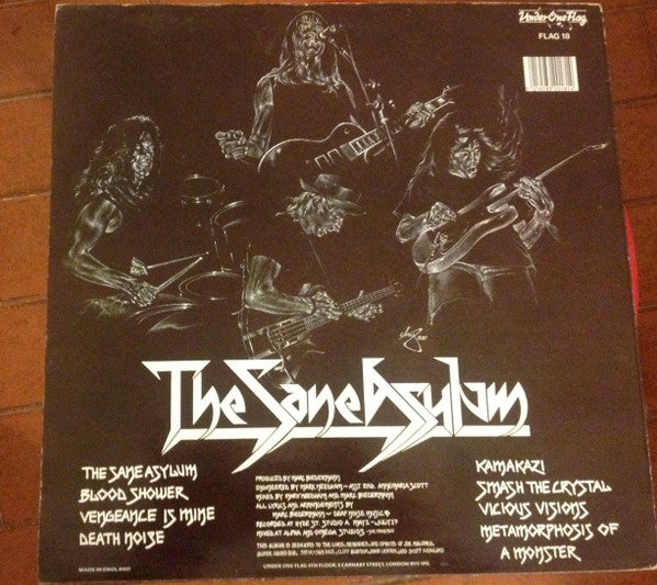 Image of Back Cover of 5225182E: LP - BLIND ILLUSION (PRE - PRIMUS), The Sane Asylum (Under One Flag; FLAG 18, UK 1988, Inner) Tear on inner. Sleeve has a little ringwear, bumped corners.  VG/VG+