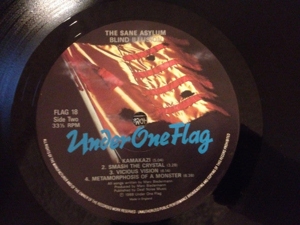 Image of Label Cover of 5225182E: LP - BLIND ILLUSION (PRE - PRIMUS), The Sane Asylum (Under One Flag; FLAG 18, UK 1988, Inner) Tear on inner. Sleeve has a little ringwear, bumped corners.  VG/VG+