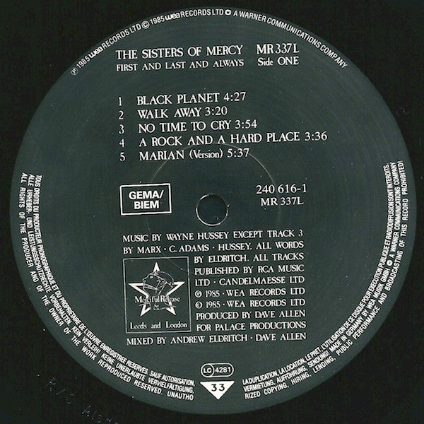 Image of Label Cover of LP - G+/G - THE SISTERS OF MERCY, First And Last And Always (Merciful Release; MR 337L, Europe 1985, Barcoded Single Sleeve, Inner), ,  - 2116292C