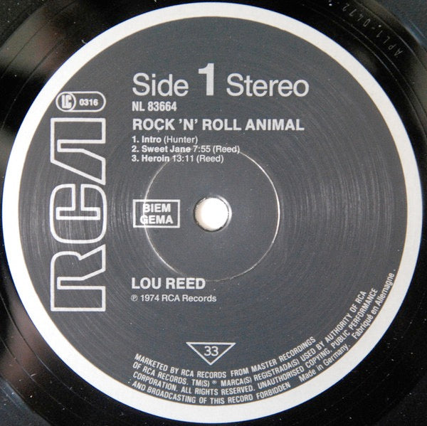 Image of Label Cover of LP - VG/VG - LOU REED, Rock 'N' Roll Animal (RCA Black & Silver BIEM/GEMA Rights Box; NL 83664, Europe 1980s Reissue), ,  - 2616082C