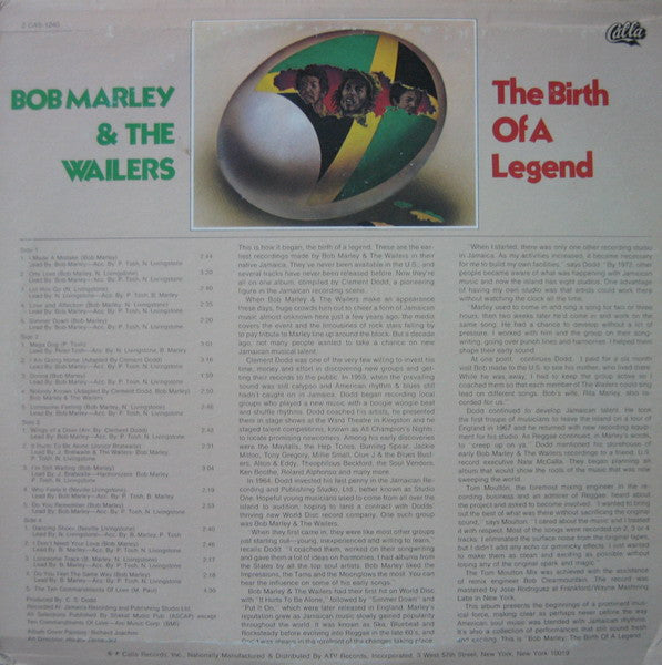 Image of Back Cover of 2xLP - VG+/VG+ - BOB MARLEY & THE WAILERS, The Birth Of A Legend (Calla Records; 2 CAS-1240, US 1976, Turquoise Labels), ,  - 2726213E