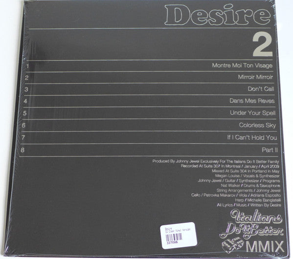Image of Back Cover of LP - VG+/VG+ - DESIRE, 2 (Italians Do It Better; IDIB019, US 2013 Reissue, Picture Sleeve, Insert, Clear Vinyl), Looks barely played. Still in opened stickered shrink,  - 3626485E