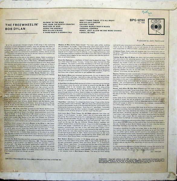 Image of Back Cover of 2424395E: LP - BOB DYLAN, The Freewheelin' Bob Dylan (CBS Orange (33 On Label); BPG 62193, UK 1964 Reissue, Flipback Sleeve, Mono, Earliest CBS Pressing)   VG/G+