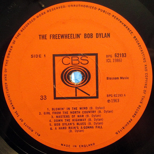 Image of Label Cover of 2424395E: LP - BOB DYLAN, The Freewheelin' Bob Dylan (CBS Orange (33 On Label); BPG 62193, UK 1964 Reissue, Flipback Sleeve, Mono, Earliest CBS Pressing)   VG/G+