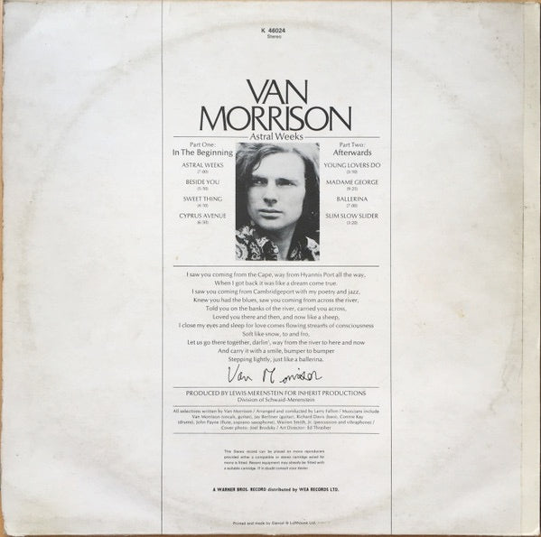 Image of Back Cover of LP - VG/VG - VAN MORRISON, Astral Weeks (WB Burbank without w Logo on Rim; K 46024, UK 1973 Reissue, Laminated Front Sleeve, A3/B3, Small v Under Stereo on Label), Light marks, name on label & back cover, edge creasing in laminate,  - 3446402S