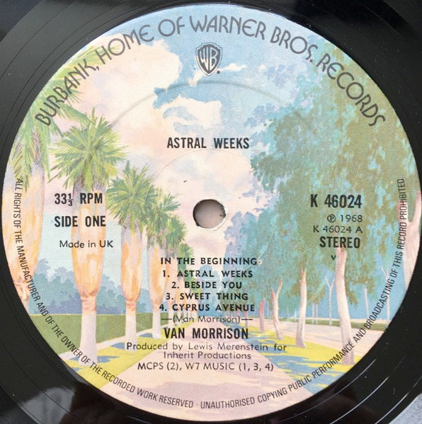Image of Label Cover of LP - VG/VG - VAN MORRISON, Astral Weeks (WB Burbank without w Logo on Rim; K 46024, UK 1973 Reissue, Laminated Front Sleeve, A3/B3, Small v Under Stereo on Label), Light marks, name on label & back cover, edge creasing in laminate,  - 3446402S