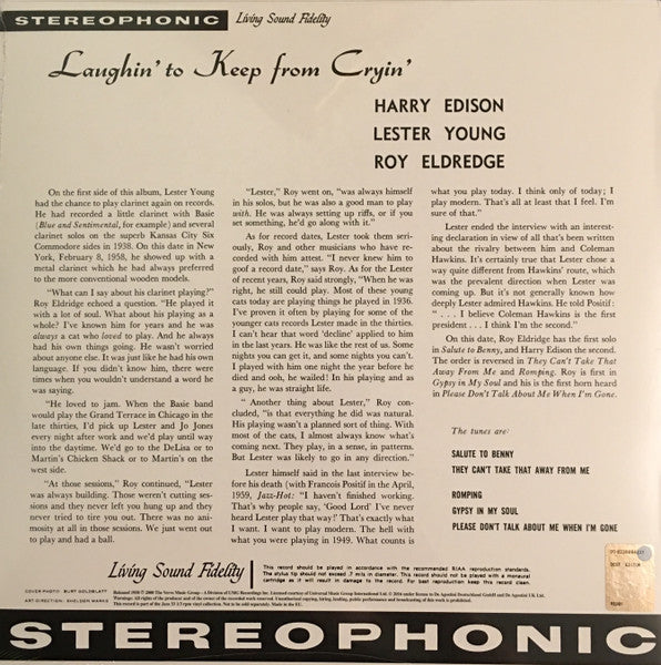 Image of Back Cover of LP - VG/VG+ - LESTER YOUNG HARRY EDISON & ROY ELDREDGE, Laughin' to Keep from Cryin' (Verve; MGV-8316 , UK 2016 Reissue, Picture Sleeve, No Booklet, 180 Gram Vinyl), Bump to spine, bottom edge and a small tear to opening edge.,  - 0426305E