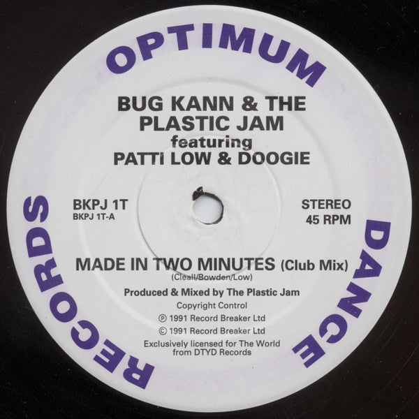 Image of Label Cover of 4115441C: 12" - BUG KANN & THE PLASTIC JAM, Made In Two Minutes (Optimum Dance Records; BKJP 1T, UK 1991, Picture Sleeve) Ringwear, creasing and some small tears to sleeve. Disc has scuffs and hairlines and plays with light surface noise during intros.  VG/G+