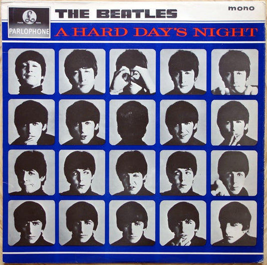 Image of Front Cover of LP - G+/VG - THE BEATLES, A Hard Day's Night (Parlophone Black/Yellow; PMC1230, UK 1964, Laminated Flipback G&L Sleeve, Mono - 1st Press. Wide Font Cat No on label, K/T Tax Code), Stains And Discolouration To Rear Sleeve,  - 2526198E