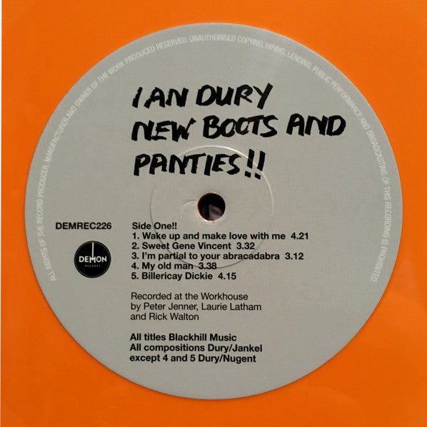 Image of Label Cover of LP - EX/EX - IAN DURY, New Boots and Panties!! (Demon Records; DEMREC226, UK 2017 Reissue, Inner, Orange Vinyl, Sainsburys Exclusive), Seal opened instore, still in hype stickered shrinkwrap.,  - 4146248S