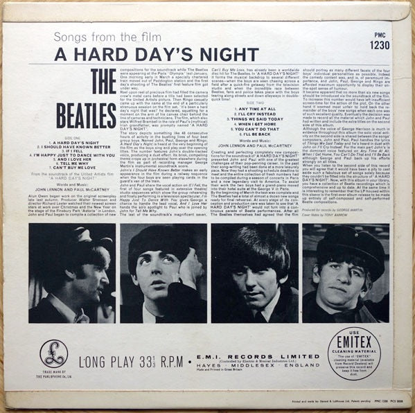 Image of Back Cover of LP - G+/VG - THE BEATLES, A Hard Day's Night (Parlophone Black/Yellow; PMC1230, UK 1964, Laminated Flipback G&L Sleeve, Mono - 1st Press. Wide Font Cat No on label, K/T Tax Code), Stains And Discolouration To Rear Sleeve,  - 2526198E