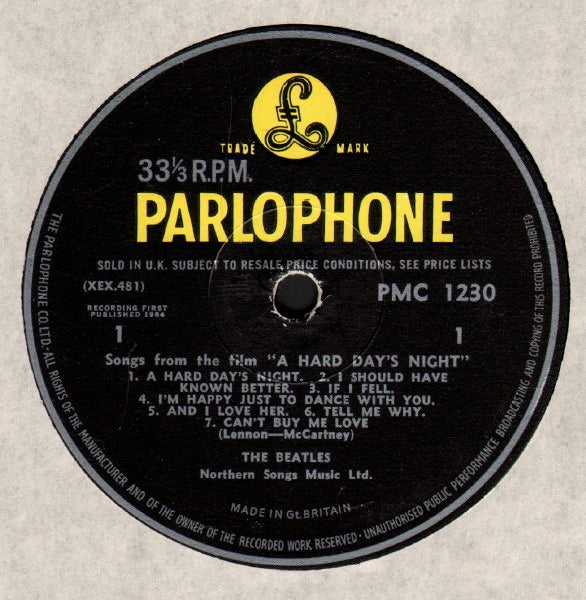 Image of Label Cover of LP - G+/VG - THE BEATLES, A Hard Day's Night (Parlophone Black/Yellow; PMC1230, UK 1964, Laminated Flipback G&L Sleeve, Mono - 1st Press. Wide Font Cat No on label, K/T Tax Code), Stains And Discolouration To Rear Sleeve,  - 2526198E