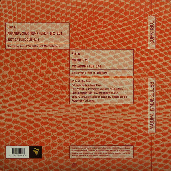 Image of Back Cover of 12" - VG/G+ - TORI AMOS, Professional Widow (Atlantic; 0-85499, US 1996, Picture Sleeve), one or two larger scuffs otherwise light marks only. picture sleeve / hype sticker . - light creasing and edge wear,  - 4246043S