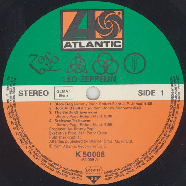 Image of Label Cover of LP - VG/VG+ - LED ZEPPELIN, Led Zeppelin IV - Untitled (Atlantic Orange & Green ; K50008, Europe 1980s Reissue, Gatefold With Embossed W On Rear , Inner, No Barcode, Three Lines of Text on Label Rim, GEMA / Biem Box), ,  - 2926359E